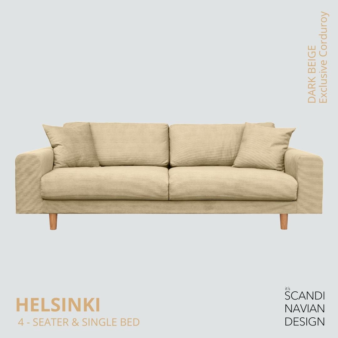 HELSINKI 4 - seater sofa/single bed Exclusive Corduroy, Dark Beige removable & washable covers - Scandinavian Stories by Marton