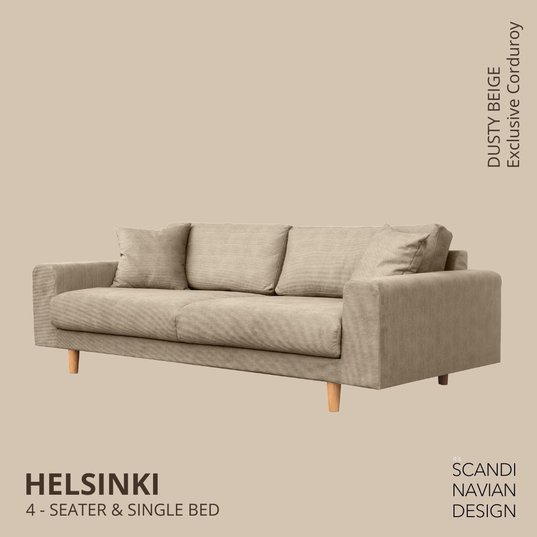 HELSINKI 4 - seater sofa/single bed, Exclusive Corduroy, Dusty Beige removable & washable - Scandinavian Stories by Marton