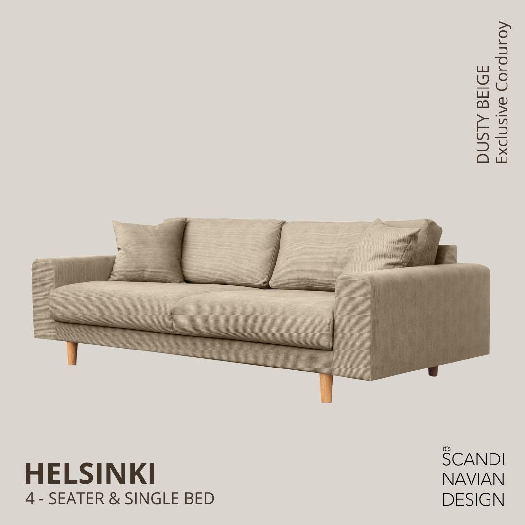 HELSINKI 4 - seater sofa/single bed, Exclusive Corduroy, Dusty Beige removable & washable - Scandinavian Stories by Marton