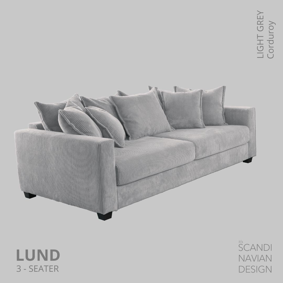 LUND 3 - seater Sofa, Light Grey Corduroy, removable & washable cover - Scandinavian Stories by Marton