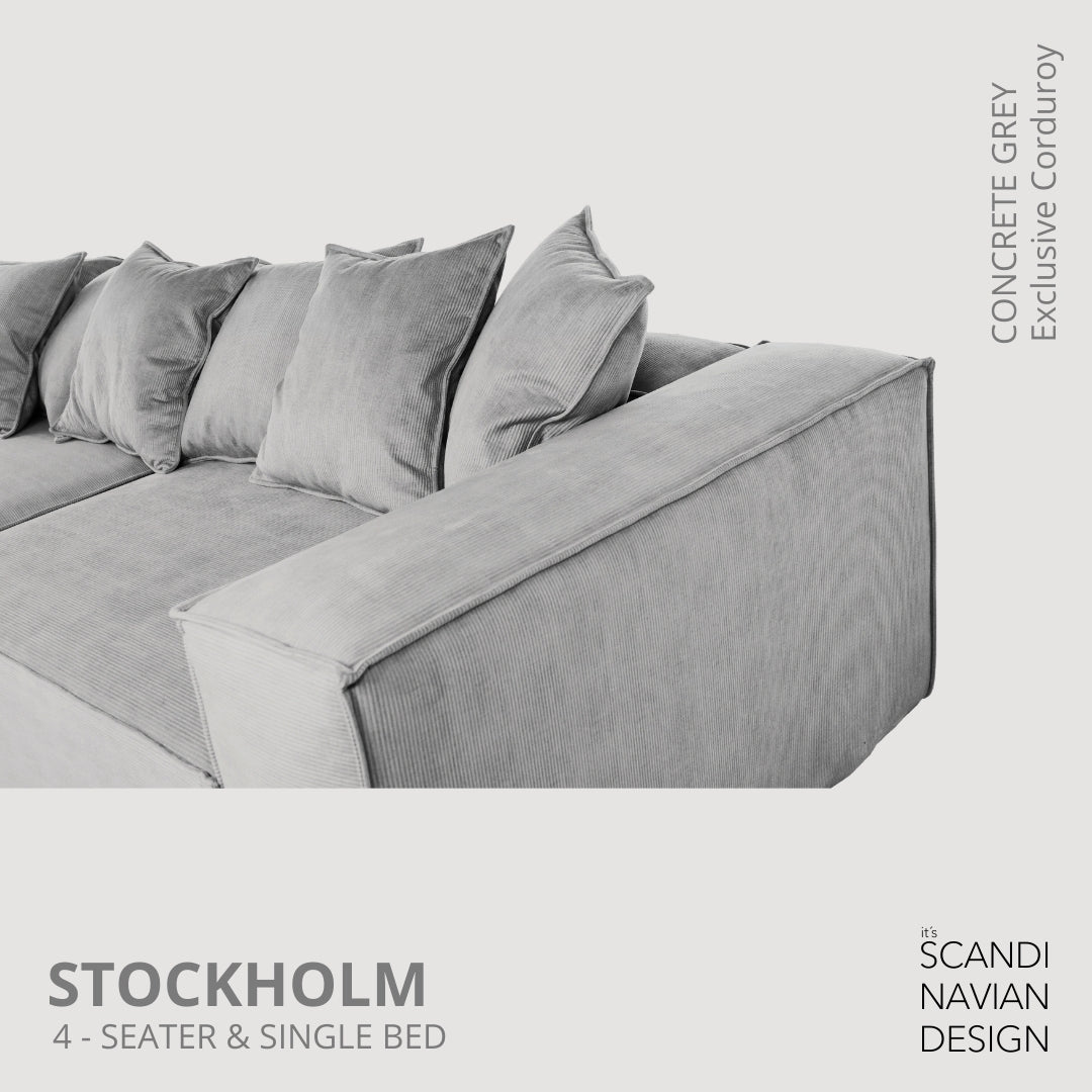 STOCKHOLM 4 - seater sofa/single bed Exclusive Corduroy, Concrete Grey removable & washable covers - Scandinavian Stories by Marton