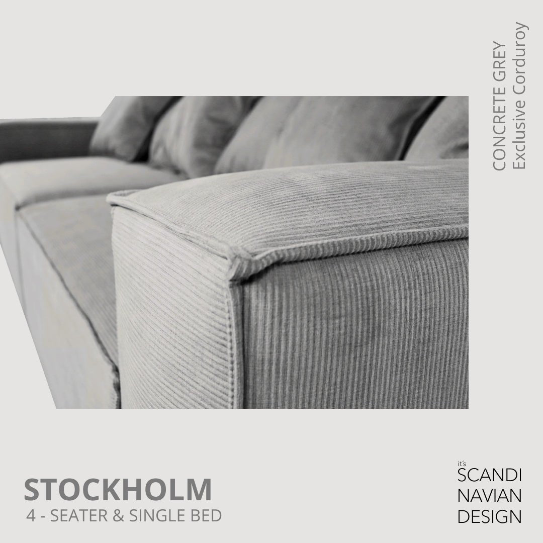 STOCKHOLM 4 - seater sofa/single bed Exclusive Corduroy, Concrete Grey removable & washable covers - Scandinavian Stories by Marton