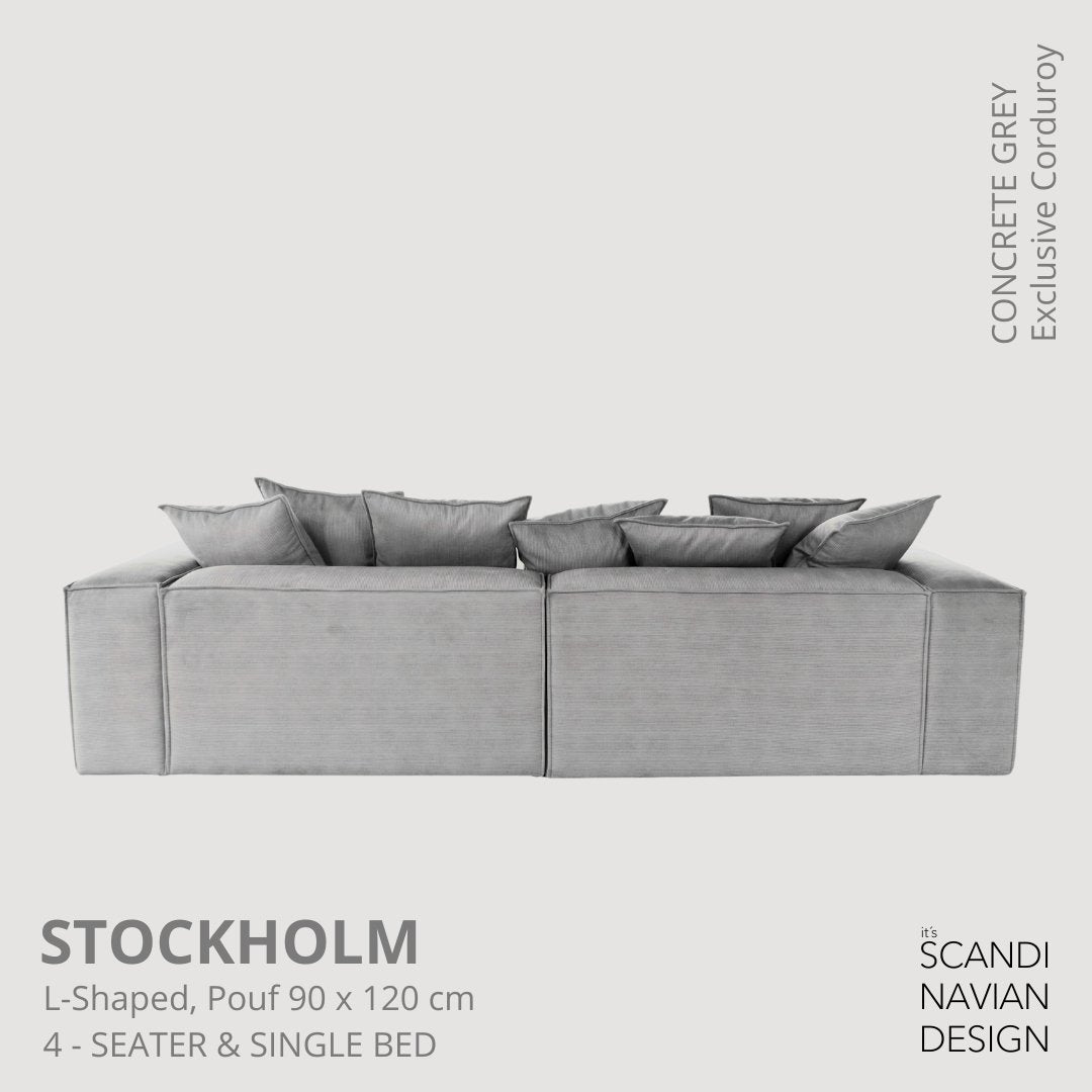 STOCKHOLM 4 - seater sofa/single bed Exclusive Corduroy, Concrete Grey removable & washable covers - Scandinavian Stories by Marton