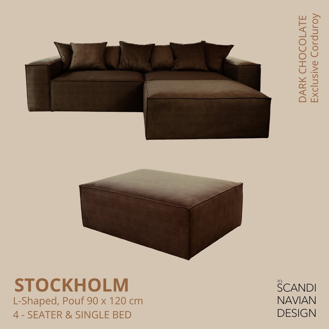 STOCKHOLM L - Shaped sofa/single bed Exclusive Corduroy Dark Chocolate removable & washable cover - Scandinavian Stories by Marton