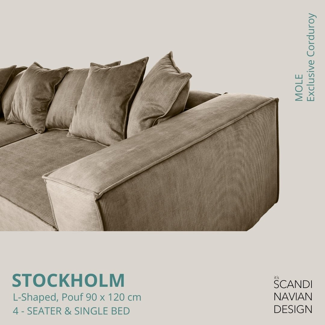 STOCKHOLM L - Shaped sofa/single bed Exclusive Corduroy Mole removable & washable cover - Scandinavian Stories by Marton