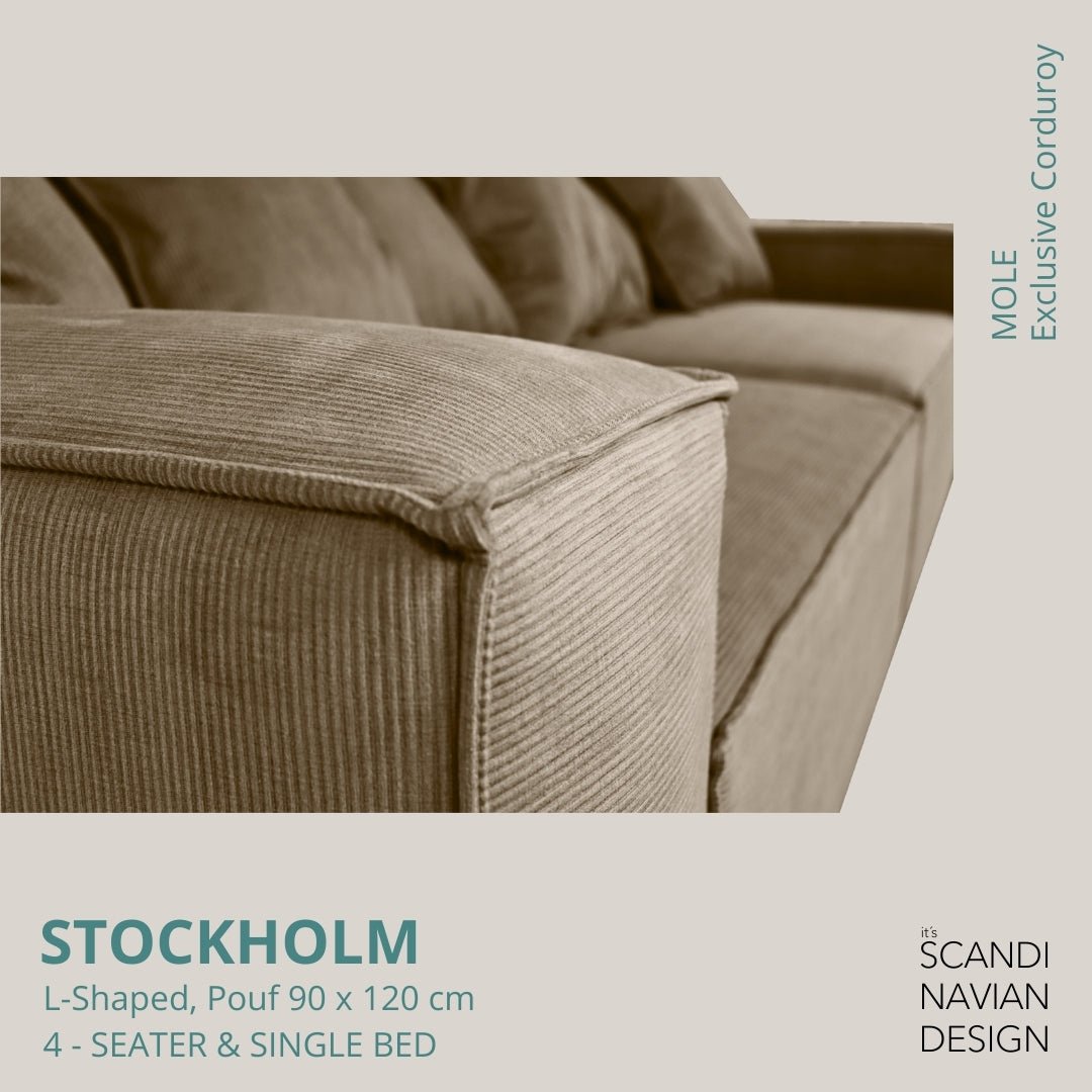 STOCKHOLM L - Shaped sofa/single bed Exclusive Corduroy Mole removable & washable cover - Scandinavian Stories by Marton