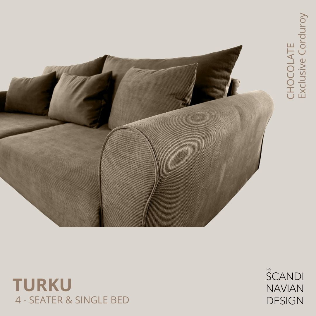 TURKU 4 - seater sofa/single bed Exclusive Corduroy, Chocolate removable & washable covers - Scandinavian Stories by Marton