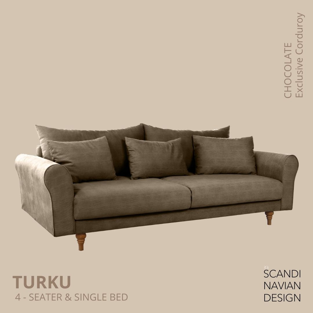 TURKU 4 - seater sofa/single bed Exclusive Corduroy, Chocolate removable & washable covers - Scandinavian Stories by Marton