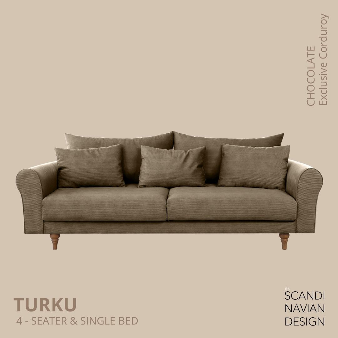 TURKU 4 - seater sofa/single bed Exclusive Corduroy, Chocolate removable & washable covers - Scandinavian Stories by Marton