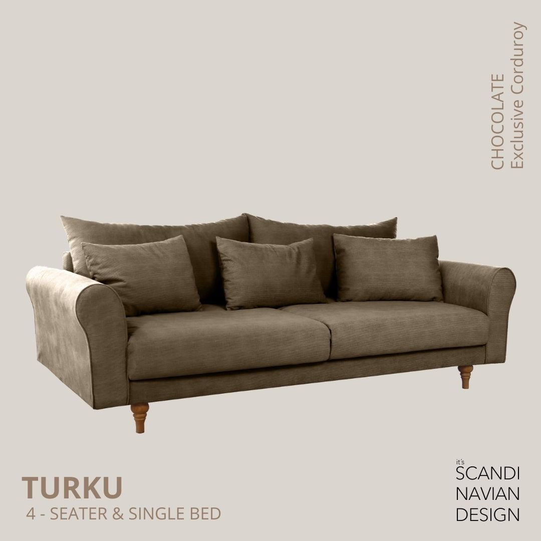 TURKU 4 - seater sofa/single bed Exclusive Corduroy, Chocolate removable & washable covers - Scandinavian Stories by Marton