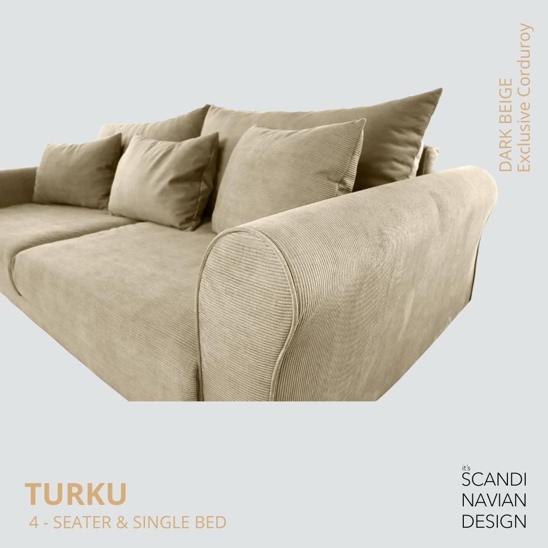 TURKU 4 - seater sofa/single bed Exclusive Corduroy, Dark Beige removable & washable covers - Scandinavian Stories by Marton